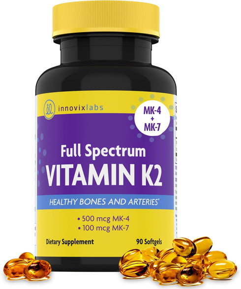 InnovixLabs Full Spectrum Vitamin K2 MK-7 - 90 Capsules, 600 mcg for General Health & Bones, Soy & Gluten Free
