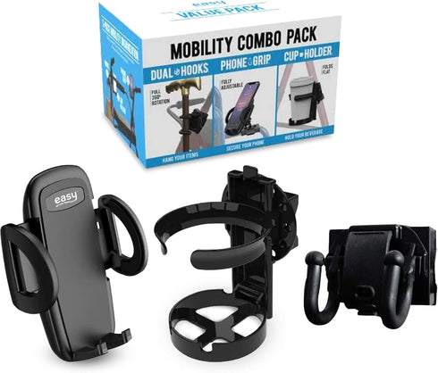 Mobility Combo Pack, Hook, Phone and Cup Holder for Walker, Portable Beverage