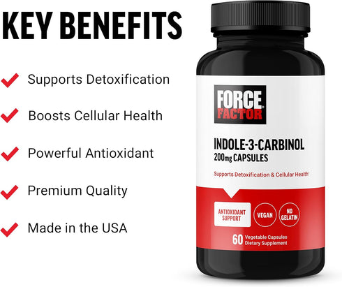 FORCE FACTOR Indole 3 Carbinol 200mg Detox and Antioxidant Supplement, Detox for Men and Women with Antioxidants, Clinically Studied Dose, Vegan, No Gelatin, 60 Capsules