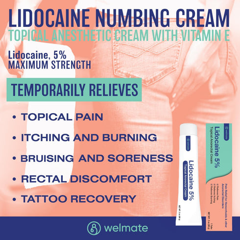 WELMATE 5% Lidocaine Numbing Cream, Maximum Strength Topical Anesthetic for Aches, Back Pain, Itching, 2 Oz