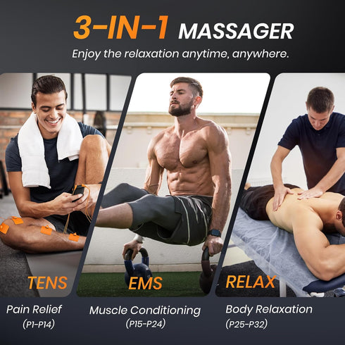 3-in-1 TENS Unit with 32 Modes - Dual Channel EMS Muscle Stimulator with 40 Intensities, Rechargeable Pulse Massager