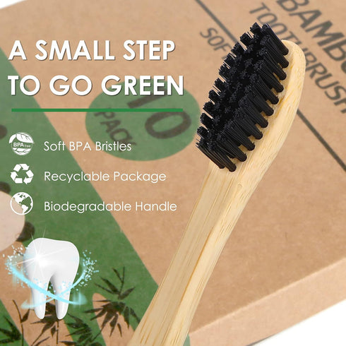 Bamboo Toothbrushes (10 Pack), Eco-Friendly Medium Firm Bristles, Natural Biodegradable Charcoal Wooden Tooth Brush