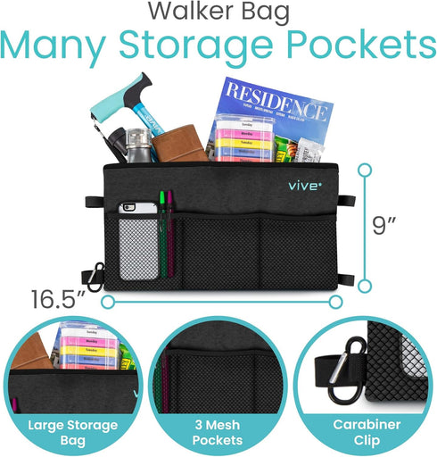 Vive Walker Bag - Accessories Wheelchair Basket Pouch (Water Resistant) - Seniors Caddy Accessory Attachment