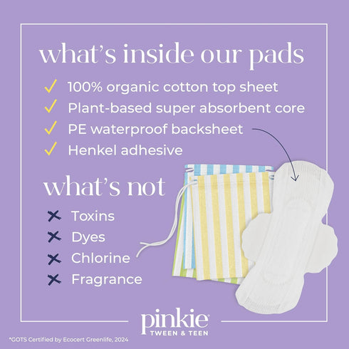 Pack, 18 Count Pinkie Period Starter Pads - Designed for Smaller Underwear - Organic Cotton Topsheet Tween & Teen Pads
