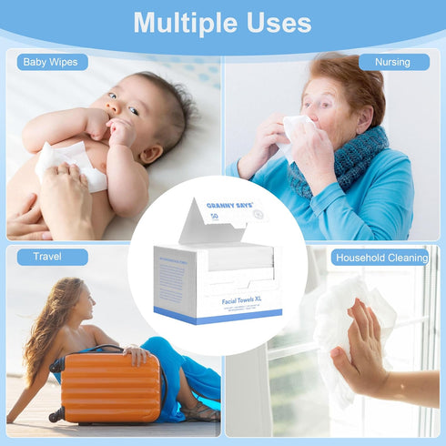 GRANNY SAYS Disposable Face Towels, Biodegradable 50 Count Extra Thick Soft Towelettes for Makeup Removal