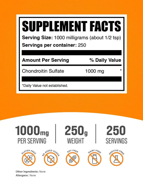 BulkSupplements.com Chondroitin Sulfate Powder - 750mg per Serving, Gluten Free, 250g (8.8 oz), Pack of 1
