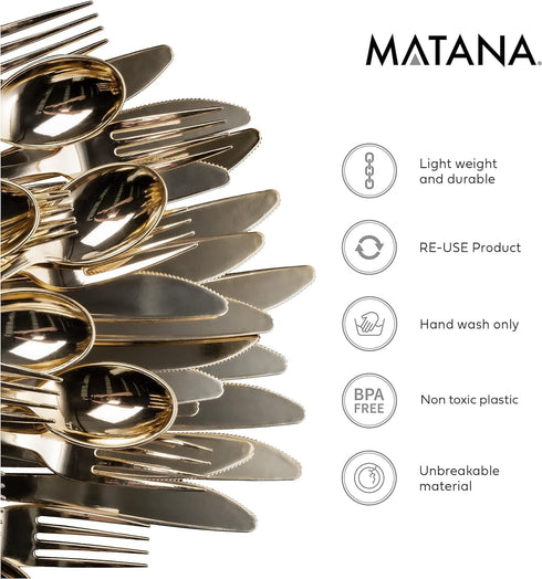 MATANA 180 Bulk Gold Plastic Silverware Set - 60 Knives, 60 Forks, 60 Spoons - Reusable Gold Cutlery for Parties &