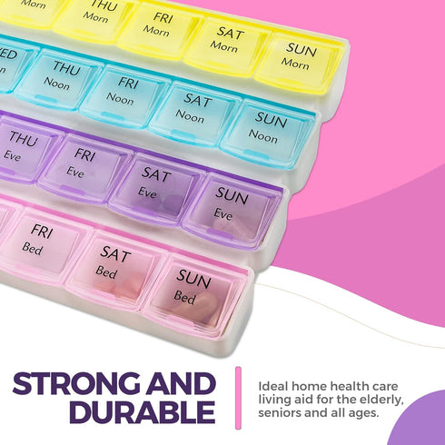 Weekly Pill Organizer - 4-Times-a-Day Pill Planner with Daily Morning, Noon, Evening & Night Compartments
