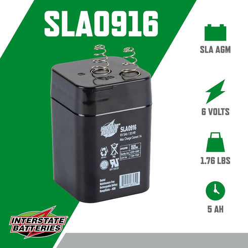 Interstate Batteries 6V 5AH (SLA0916) Sealed Lead Acid (SLA) Battery - Spring Terminals