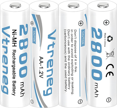 Vtreneg 1.2V 8 Pack, 2800mAh Rechargeable AA NiMH Batteries Long-Lasting Double A Battery, Leak-Proof, Low Self