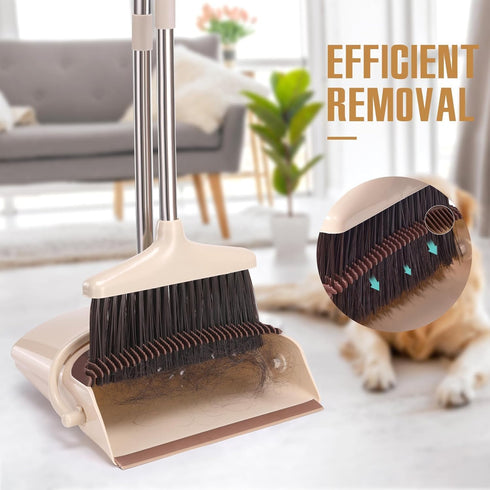 Set 1-Pack Broom and Dustpan with Long Handle, Light Weight Stainless Steel Poles Stand Upright Dustpans with Broom