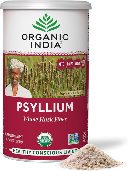ORGANIC INDIA Psyllium Herbal Powder - 12 oz Canister Whole Husk Fiber, Healthy Elimination, Vegan & Gluten-Free