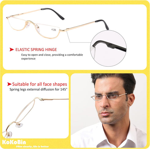 KoKoBin Half Reading Glasses - 2 Pairs Half Rim Metal Frame Readers for Men and Women, Black+Gold 1.50