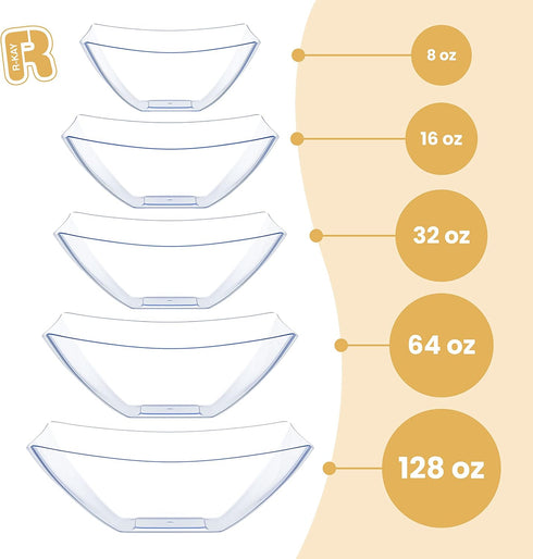 R-kay 6 Pack Square Plastic Serving Bowls, Clear Plastic 8 oz Bowls for Parties, Premium Clear Bowls