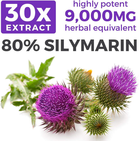 USDA Organic Milk Thistle Capsules - 80% Silymarin Supplement for Liver Support- Super Concentrated 300mg of 30:1 Milk Thistle Extract Equivalent to 9,000mg - Milk Thistle Liver Detox 60 Day Supply