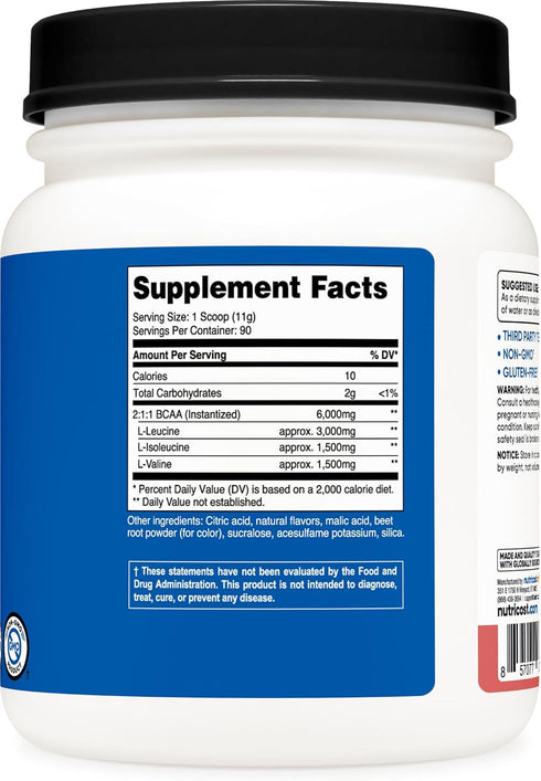Nutricost BCAA Powder 2:1:1 - Raspberry Lemonade Flavor, 90 Servings