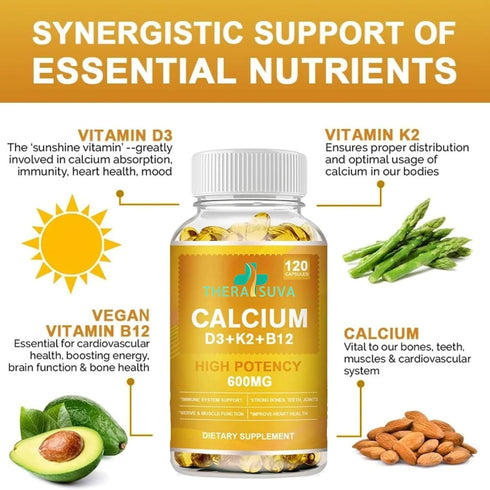 Extra Strength 4-in-1 Calcium + Vitamin D3 + K2 + B12 Supplement Complex, 120 Softgels for Bone and Immune Health, 60