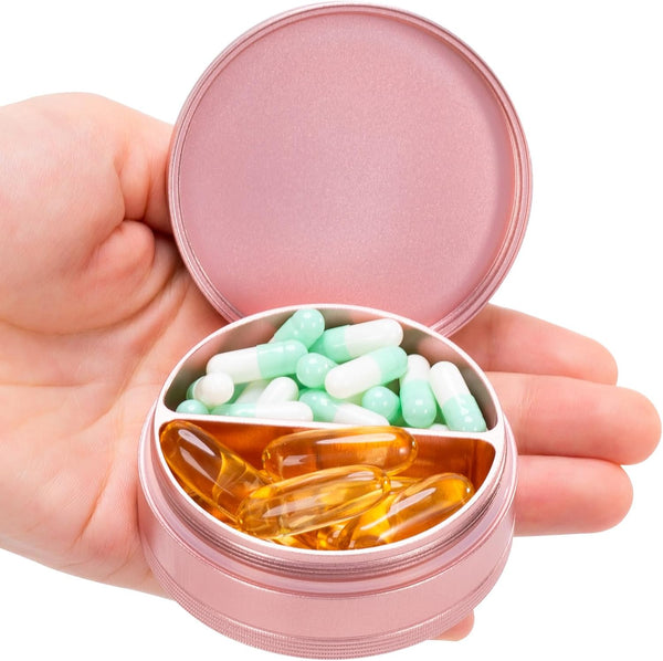 Metal Pill Case 2 Compartment, Waterproof Pill Box for Daily Travel, Compact Container for Vitamins, Fish Oils,
