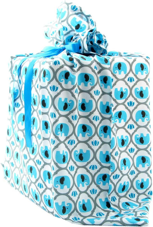 Elephants Reusable Fabric Gift Bag for Baby Shower or Child’s Birthday, Jumbo 27" x 33", Turquoise Blue