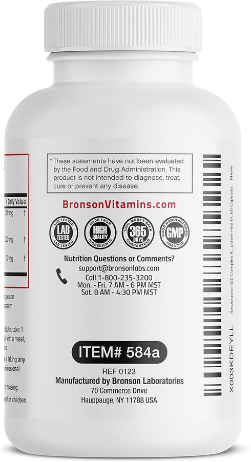 Bronson Resveratrol 500 Complex, Standardized Trans-Resveratrol with Grape Seed & Red Wine Extract, 60 Capsules.