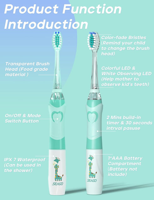 SEAGO Kids Electric Toothbrush with 2 Mins Timer and 4 Replacement Brush Heads, Green Color for Boys, Battery Powered