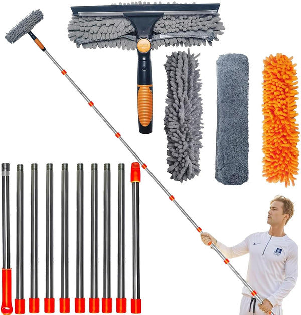 Tonmp 20 ft+ Reach Squeegee Window Cleaner Duster 2 in 1 Rotatable Window