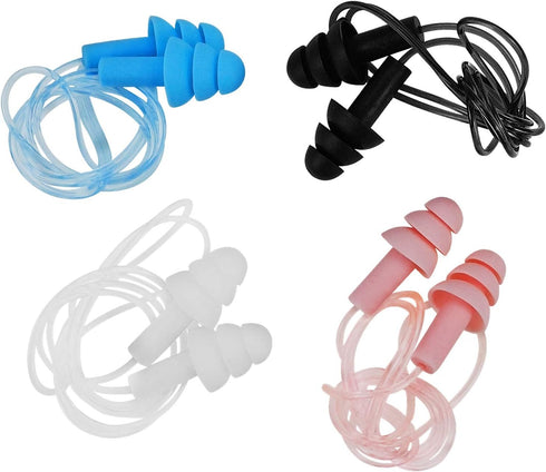 Noise Cancelling Ear Plugs with Cords - 4 Pairs, Soft Silicone Waterproof Reusable Earplugs for Sleeping, Snoring,