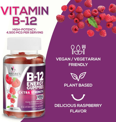 Vitamin B12 Energy Gummies - 120 Gummies, Extra Strength 4500 mcg for Metabolism & Nervous System Support