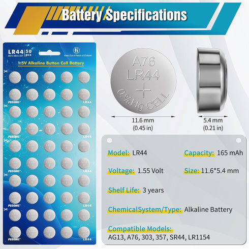 PGSONIC 50 Pack LR44 1.5 Batteries, Volt Alkaline Button Cell Batteries with Long Lasting Power
