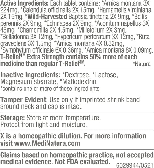 MediNatura T-Relief Extra Strength Arnica, 12 Natural Homeopathic Actives for Joint Muscle Aches, 250 Tablets