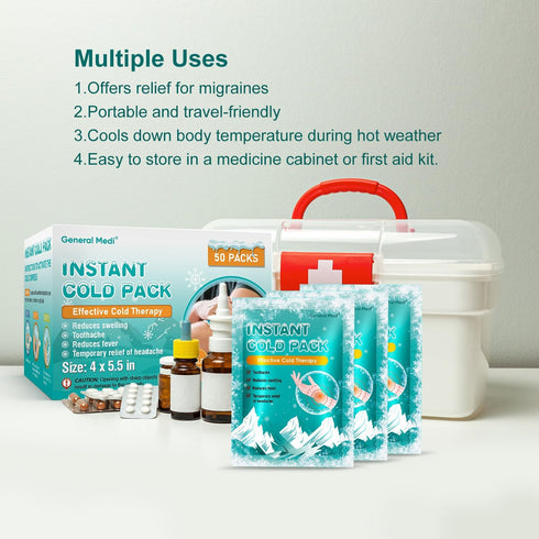 General Medi 50 Packs Instant Ice Cold Pack (4”x 5.5”) for Pain Relief, Swelling, Inflammation, Sprains, Toothache