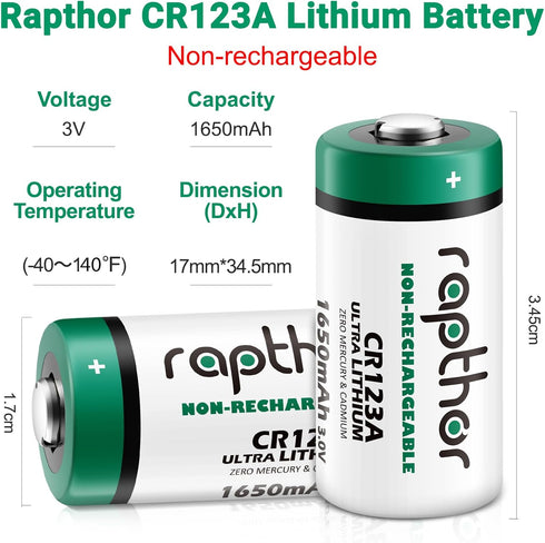 rapthor CR123A 3V CR17345 16 Pack 1650mAh 123A 10 CR123 123 Lithium Batteries High Power Year Shelf Life