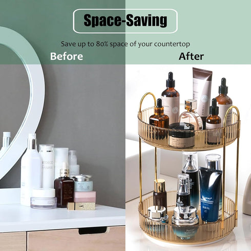Rotating Makeup Organizer - 2 Tier Lazy Susan Trays for Skincare & Perfume, Amber Gold Bathroom Counter Vanity