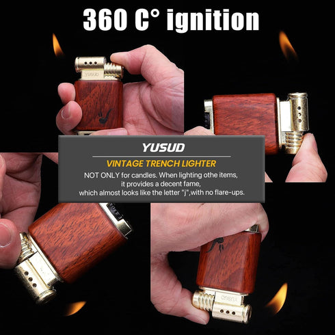 Yusud Vintage Trench Lighter, Butane Refillable Antique Flip Lighter, Retro Soft Flame Table Lighters