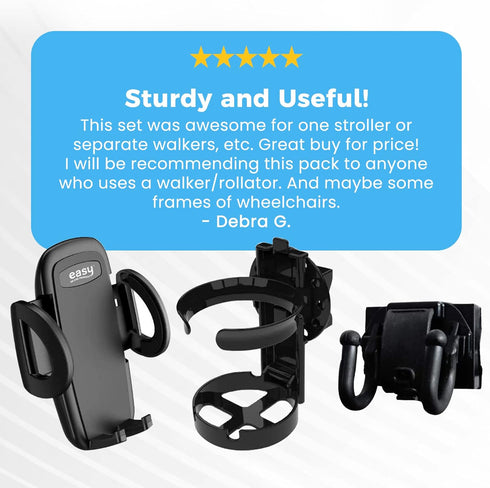 Pack, 2 Mobility Combo Hook, Phone and Cup Holder for Walker, Portable Beverage Holder for Wheelchair and Strollers