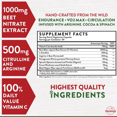 TruWild All Natural Beet Root Powder, 1000mg, Vegan Superfood Capsule Supplement, 30 Servings for Overall Health &