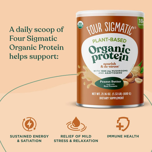 Four Sigmatic Organic Plant-Based Protein Powder, Peanut Butter Flavor, Clean Vegan Protein, 21.16 oz