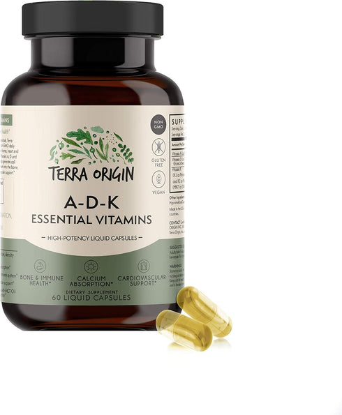 TERRA ORIGIN ADK Essential Vitamins - 60 High Potency Liquid Capsules, Vegan, Non-GMO, Gluten Free, Made in the USA