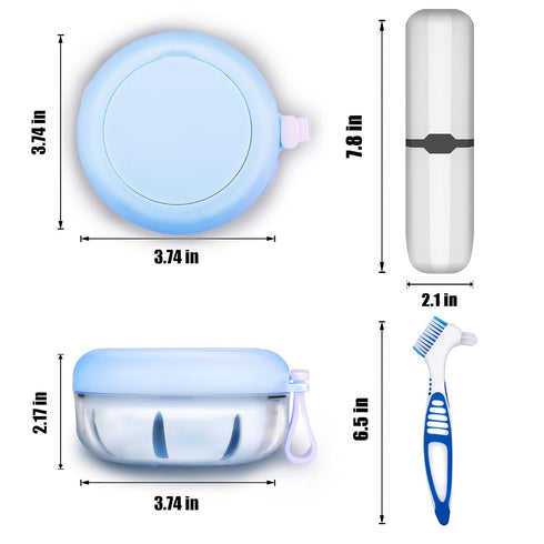 Denture Case with Brush & Portable Toothbrush Box, 100% No-Leak Retainer Box Set for Traveling, Blue