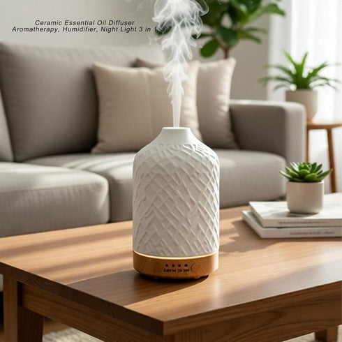 RIZGHWOY 7 Essential Oil Diffuser, Ceramic Wood Grain Aromatherapy Diffuser with Color Night Light, for Room Office