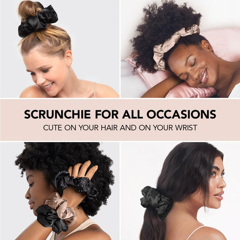 Kitsch Satin Hair Scrunchies for Women - 2 pcs (Black/Gold) - Softer Than Silk