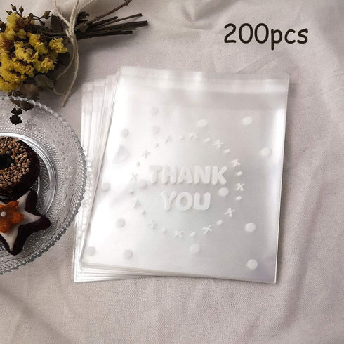200pcs Clear Self-Adhesive Treat Bags, Cellophane Cookie & Candy Bags with “THANK YOU” Design for Bakery & Party Favors