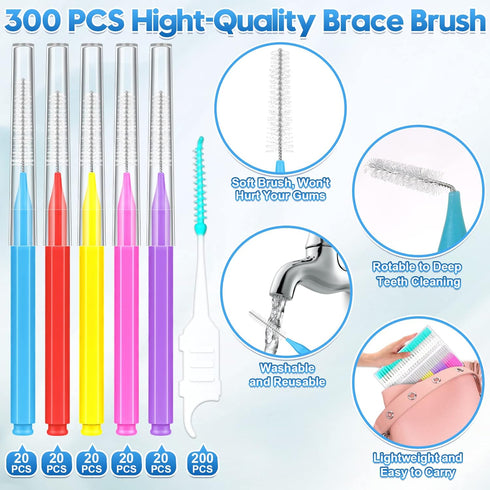 300 Pcs Interdental Brushes for Braces, 6 Size Soft and Bendable Brushes for Cleaning Teeth and Gums