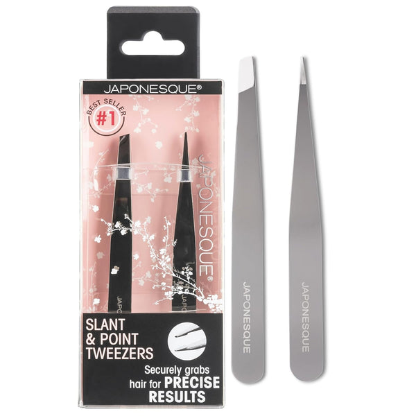 JAPONESQUE Slant and Point Tweezers Set, Hand-Sharpened Stainless, Ideal for Defining and Shaping Brows, Travel