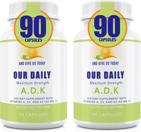 Our Daily Vites ADK Supplement - Vitamin A, D3 & K2 (as MK7) - Bone, Immune System Support - 180 CT Vegetable Capsules