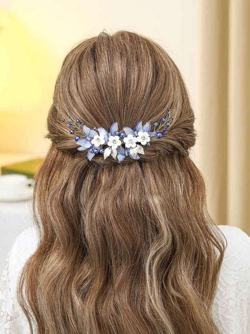 Unicra Butterfly Bride Wedding Hair Vine, Blue Pearl Bridal Hair Piece, Rhinestone Headband for Women