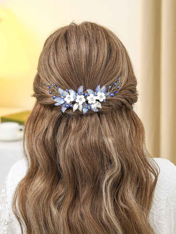 Unicra Butterfly Bride Wedding Hair Vine, Blue Pearl Bridal Hair Piece, Rhinestone Headband for Women