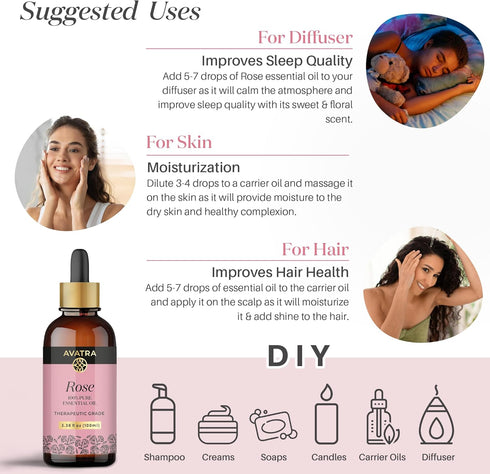Avatra Rose Essential Oil | Pure & Natural for Diffuser, Skin, Hair & Aromatherapy, 3.38 Fl Oz