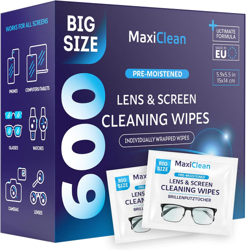 Maxi Clean Glasses Wipes Lens Cleaner - Lens Wipes for Eyeglasses - 600 Pre-moistened