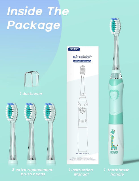 SEAGO Kids Electric Toothbrush with 2 Mins Timer and 4 Replacement Brush Heads, Green Color for Boys, Battery Powered
